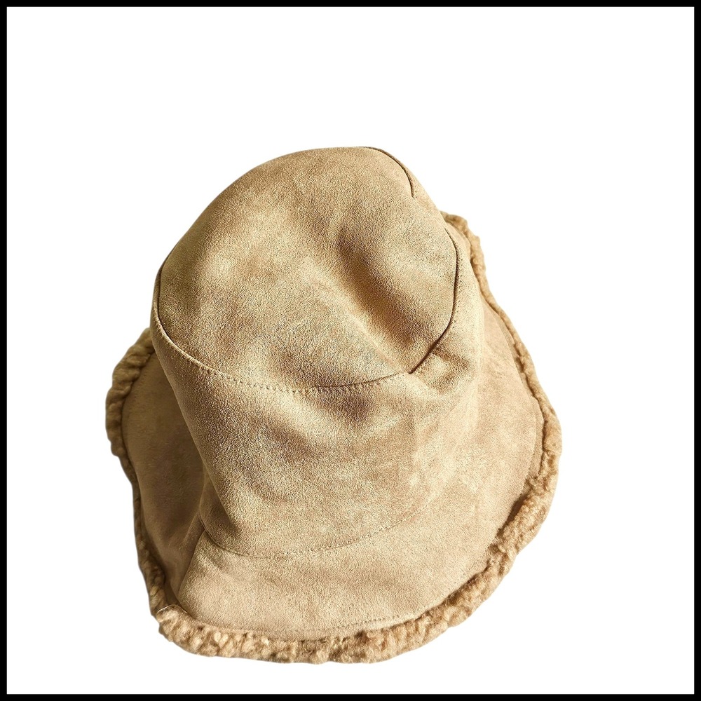 Virginia Wolf Bucket Hat Faux Suede Sherpa Trim Cozy Winter